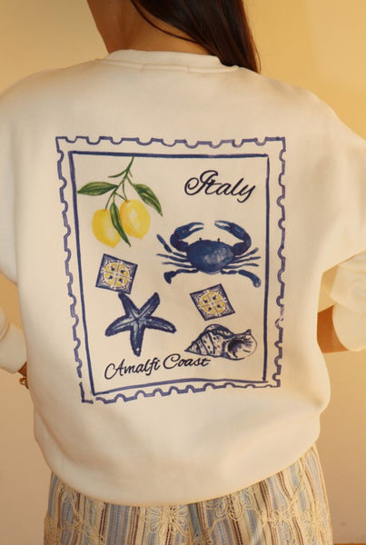 close up of back of white sweatshirt includes pictures of lemons, crab, starfish, italian tiles, shells. 